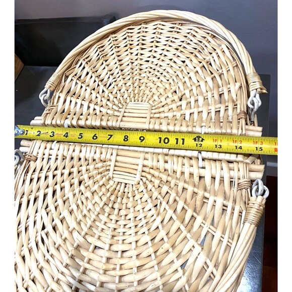 Large Wicker Picnic Basket Double Lids Handles Green Check Apple Lined Cottage - Picture 10 of 12